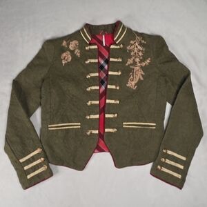 Free People Lauren Embroidered Moss Green Cotton Band Jacket Women's Size Small